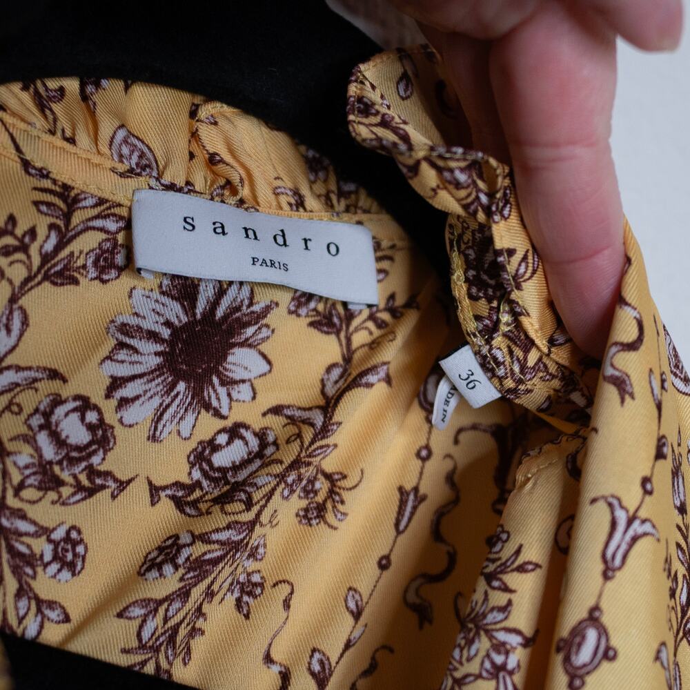 Sandro Suzette Mini Dress Yellow Floral Belted A-Line Ruffle SZ 4 US - Picture 8 of 8